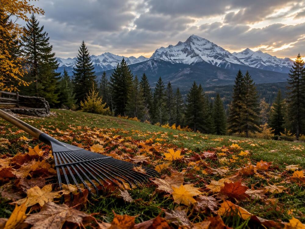 Autumn leaves and a rake on a lawn below snowy peaks