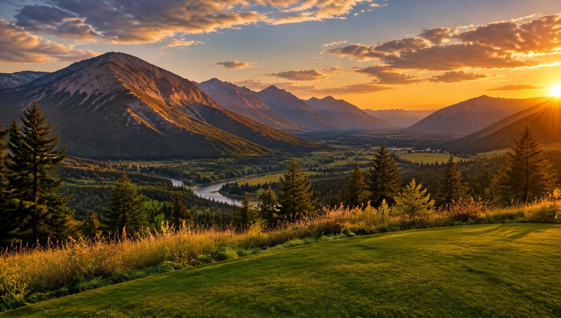 Mountain valley at sunset in western Montana